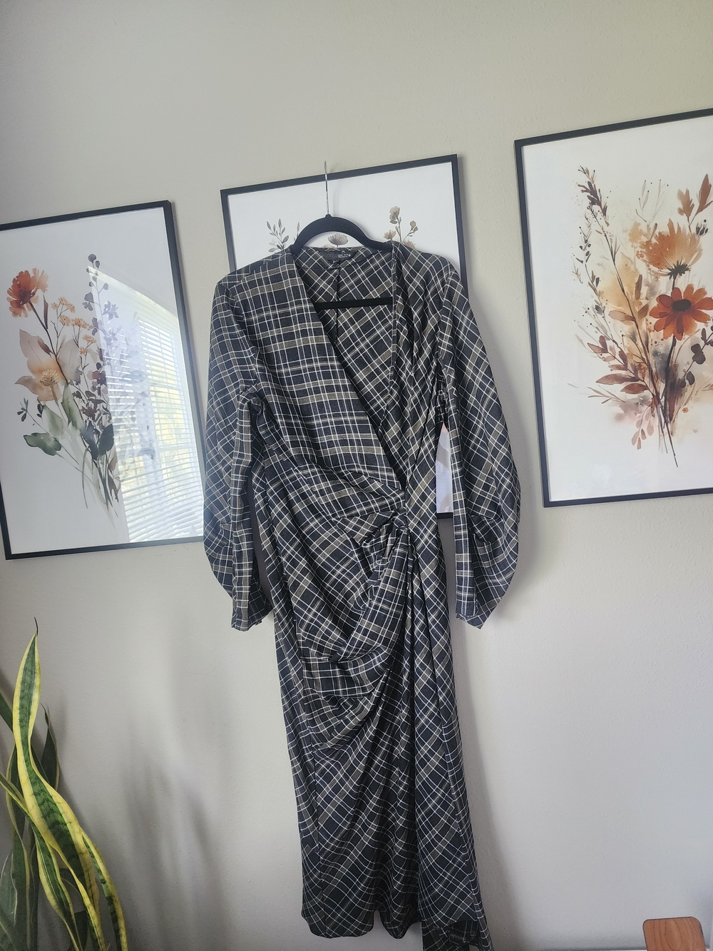 Zara Black and White Plaid Midi Wrap Dress